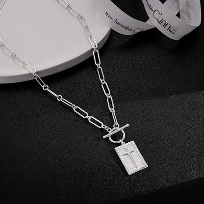 Freekiss 3-Piece Layered Toggle Necklace for Women | Gold/Silver necklace set with herringbone, rope, and paperclip chains plus a toggle clasp for layering, parties, and gifts - color: Silver Cross Necklace