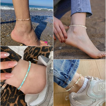 Natural Stone Beaded Anklets for Women Teen Girl Gifts Trendy Stuff Boho Anklet Colorful Bead Ankle Bracelets for Women Waterproof Handmade Beach Gifts Summer Jewelry Birthday Christmas Gift - color: Pink Crystal