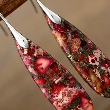 Boho Natural Imperial Jasper Teardrop Dangle Earrings for Women – Hypoallergenic French Hook Stone Drop Earrings Jewelry - color: Red Golden Hook
