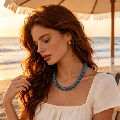 Colorful Beaded Necklace for Women Boho Statement Chunky Necklace Natural Stone Beads Gemstone Choker Necklaces Handmade Summer Beach Jewelry - color: Dark Blue