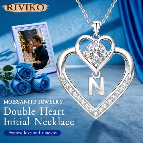 RIVIKO 1 Carat Moissanite Heart Initial Necklace for Women,Letter Pendant | 925 Sterling Silver Chain,Personalized Jewelry,Anniversary Birthday Gifts for Wife Friend Mom - color: Letter N