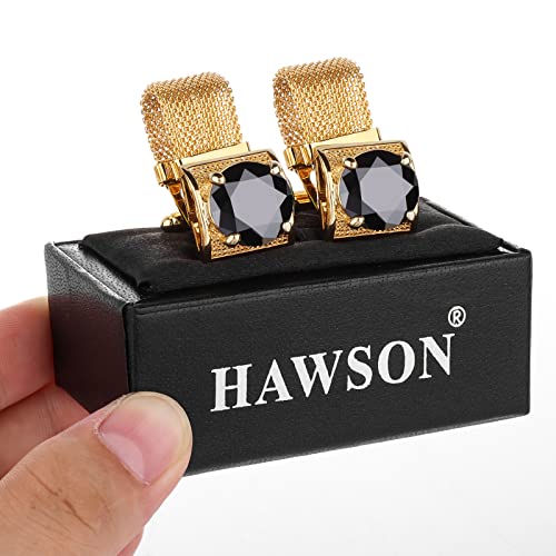 HAWSON Mens Cufflinks with Chain - Stone and Shiny Gold Tone Shirt Accessories - Party Gifts for Young Men - color: 24K Gold Color+Black Crystal