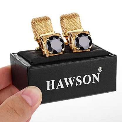 HAWSON Mens Cufflinks with Chain - Stone and Shiny Gold Tone Shirt Accessories - Party Gifts for Young Men - color: 24K Gold Color+Black Crystal