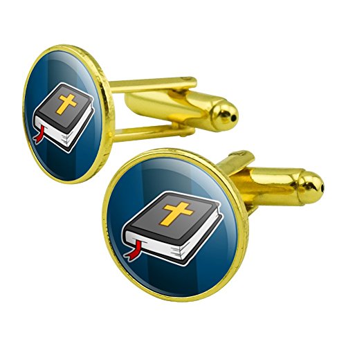 GRAPHICS & MORE Bible with Cross Christian Religious Round Cufflink Set Gold Color