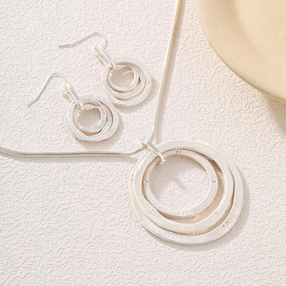 3 Circles Silver Hoop Earrings Necklace Set for Women Geometric Jewelry Set | 925 Silver Hypoallergenic Small Hoop Circle Geometry Textured Finish Minimalist Style Comfortable Wear - style: Silver Hammered Hoop