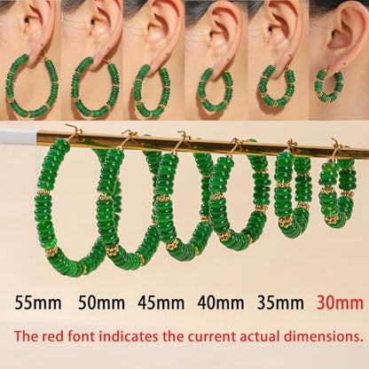 Wellike Beaded Hoop Earrings for Women Natural Stone Pink Gold Huggie Earrings Hypoallergenic Dainty Waterproof Trendy Jewelry - color: green, size: 30mm