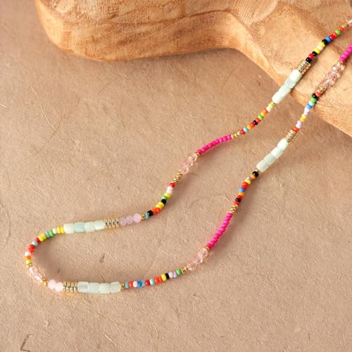 Gold Seed Beaded Necklaces for Women, Boho Handmade Adjustable Colorful Beads Choker Summer Beach Jewelry Gift. - color: Jade