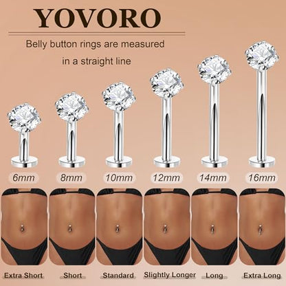 14G G23 Pure Titanium Floating Belly Button Ring for Women Flat Back Petite Belly Navel Ring Hypoallergenic Internally Threaded Navel Ring with Opal CZ Replacement Ball Belly Piercings Jewelry 6-16MM - color: Silver, size: Bar Length 16mm-Longest