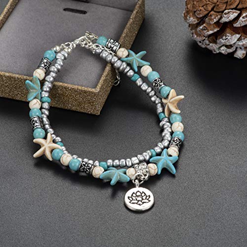 Softones Blue Starfish Turtle Anklet Multilayer Charm Beads Sea Handmade Boho Anklet Foot Jewelry for Women - style: S:Flower