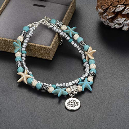 Softones Blue Starfish Turtle Anklet Multilayer Charm Beads Sea Handmade Boho Anklet Foot Jewelry for Women - style: S:Flower