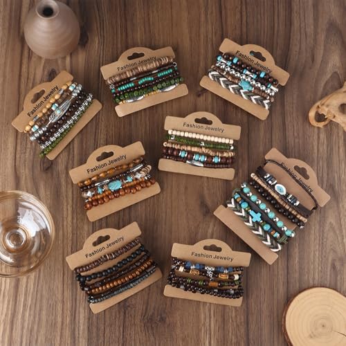 Giovanchi 41/44 PCS Wooden Beaded Bracelets for Men Larger Size Adjustable Punk Braided Wooden Bracelet Bulk Wood Bangles Wristbands Meaningful Jewelry Gift - style: Style A:44 PCS