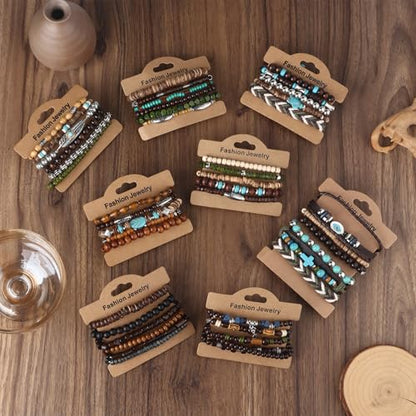 Giovanchi 41/44 PCS Wooden Beaded Bracelets for Men Larger Size Adjustable Punk Braided Wooden Bracelet Bulk Wood Bangles Wristbands Meaningful Jewelry Gift - style: Style A:44 PCS