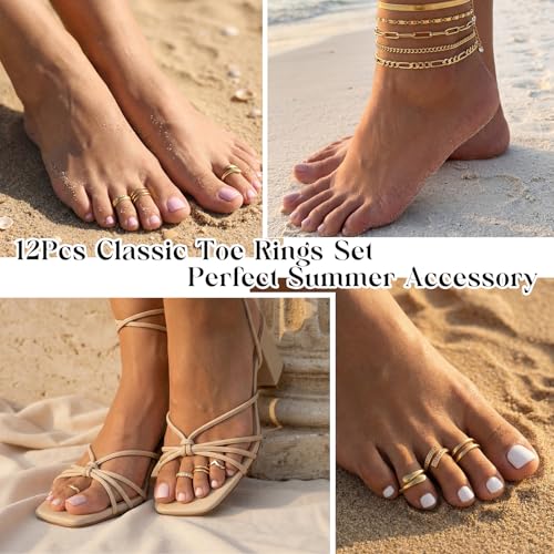 13 Pcs Toe Rings and Ankle Bracelets for Women Non Tarnish - Toe Rings Silver Gold Plated Adjustable Open Tail Toe Ring - Beach Foot Jewelry for Summer