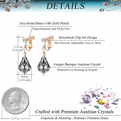 Austrian Crystal Baroque Drop Clip On Dangle Earrings for Women Non Pierced 14K Rose Gold Plated Hypoallergenic Jewelry - color: Black