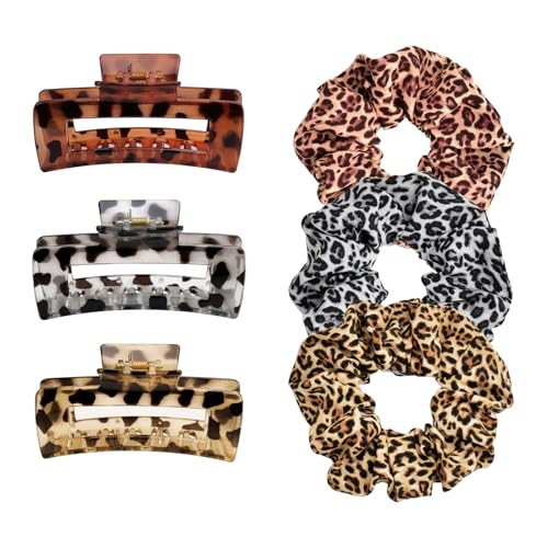 Hair Accessories Set Pack of 6 – 3 Medium Hair Clips for Women, 3 Big Scrunchies for Hair, Non-Slip Square Hair Claw Clips, Back to School, Birthday Gift, Daily Use, Leaopard Print - color: Color A