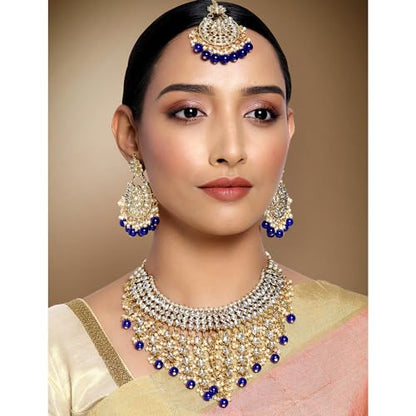 Aheli Elegant Indian Wedding Wear Faux Kundan Studded Choker Necklace with Maang Tikka Set Ethnic Fashion Jewelry for Women Maroon Kundan & Pearl Drop - color: Blue