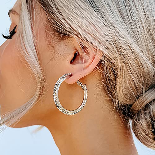 925 Sterling Silver Earrings Large Rhinestone Hoop Earrings Big Cubic Zirconia Hoop Earrings Thin Rhinestones Round Hoop Earrings for Women 20/30/40/50/60/70mm Sparkly Hoops With Crystals for Womens - color: Silver,40mm
