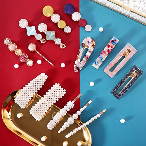 Magicsky 28 PCS Pearls and Macaron Acrylic Resin Hair Clips for Women Girls | Fashion Hair Barrette sets, Fancy Marble Alligator Bobby Pins, Elegant Crystal Geometric Hairpin, Decorative Hair Accessories