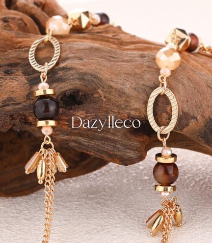 Long Gold Boho Necklaces for Women Beaded Statement Chain Long Necklace Gold Costume Jewelry Birthday Gifts for Her - color: Dark Coffee