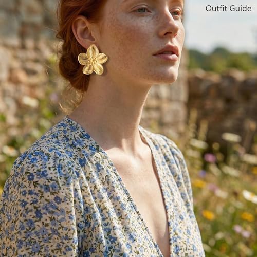 Chunky Gold Plated Flower Statement Drop Earrings for Women | Hypoallergenic 18K Gold Plated Textured Petal Wing, Large Statement Dangle Earrings for Wedding Party - color: Gold flower-A