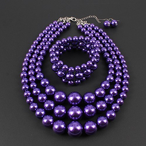 KOSMOS-LI Women's 3 Layer Simulated Pearl Statement 18" Necklace Bracelet and Earrings Jewelry Set Stocking Stuffers - color: purple