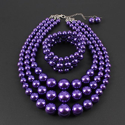 KOSMOS-LI Women's 3 Layer Simulated Pearl Statement 18" Necklace Bracelet and Earrings Jewelry Set Stocking Stuffers - color: purple