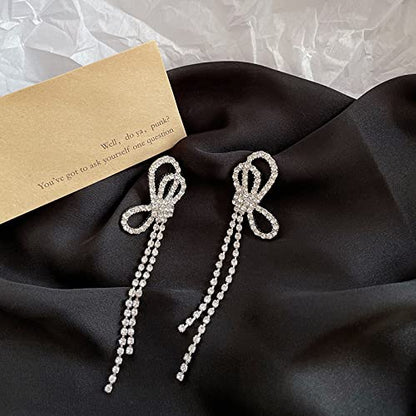HERIER Rhinestone Earrings Dangling for Women Chandelier Statement Tassel Earrings Girls Silver Sparkly Drop Cubic Zirconia Crystal Earrings Long Dangle Costume Jewelry - color: Silver-Bow Tassel
