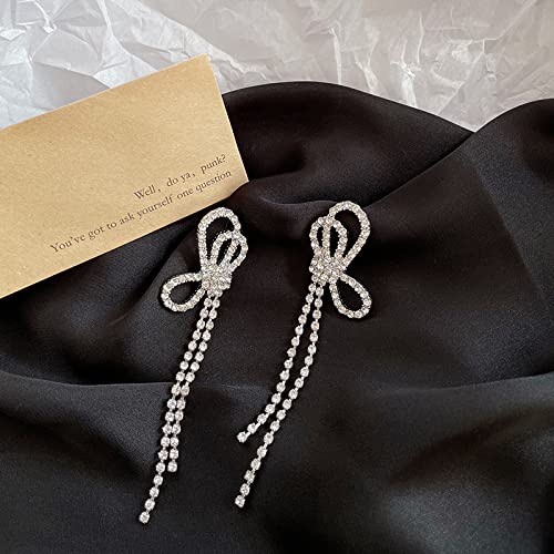 HERIER Rhinestone Earrings Dangling for Women Chandelier Statement Tassel Earrings Girls Silver Sparkly Drop Cubic Zirconia Crystal Earrings Long Dangle Costume Jewelry - color: Silver-Bow Tassel