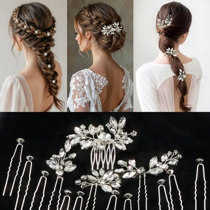 14 PCS Bridal Hair Pins Comb Set Wedding Silver Rhinestone Sparkling Crystal Hair Accessories Jewelry Women Prom