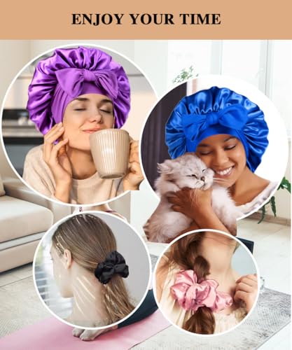 2+3 Large Satin Bonnets with Scrunchies for Women, Hair Bonnet Sleeping Tie Bonnet for Braids Curly Hair - color: J - Purple, Royal