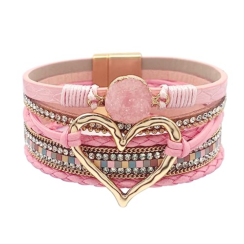Womens Love Heart Leather Wrap Bracelet Multi-layer Stacked Bangle | Magnetic Clasp Soft PU Leather Resin Stone Rhinestone Boho Style Birthday Valentine Christmas Bohemian Jewelry Gift - color: Pink