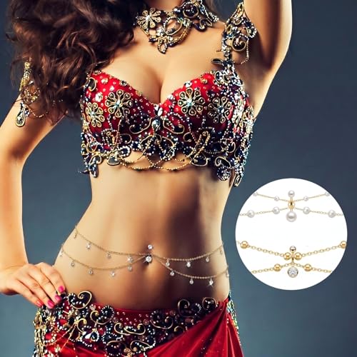 Hicarer 3 Pieces Crystal Belly Ring with Chain Rhinestone Waist Body Chain Bikini Belly Jewelry Beach Accessories Jewelry for Women Adults - color: Gold, style: Elegant Style