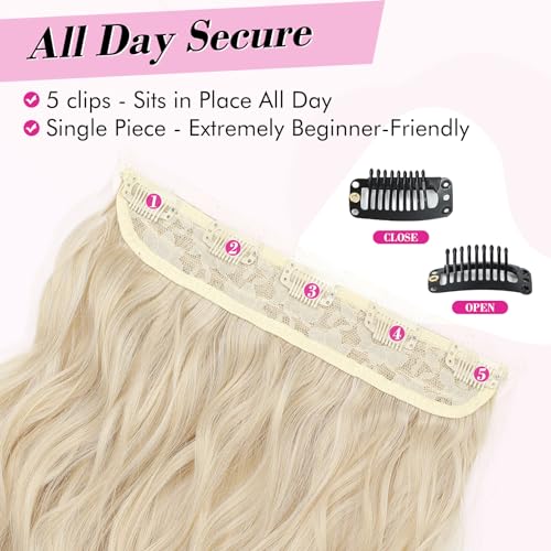 REECHO Blonde Hair Extensions, 20” Single Piece Clip in Hair Extensions Thick Long Beach Wavy Natural Soft Synthetic Hairpieces for Women, Cool Light Blonde - color: Cool Light Blonde - Wavy, size: 20 Inch (Pack of 1)