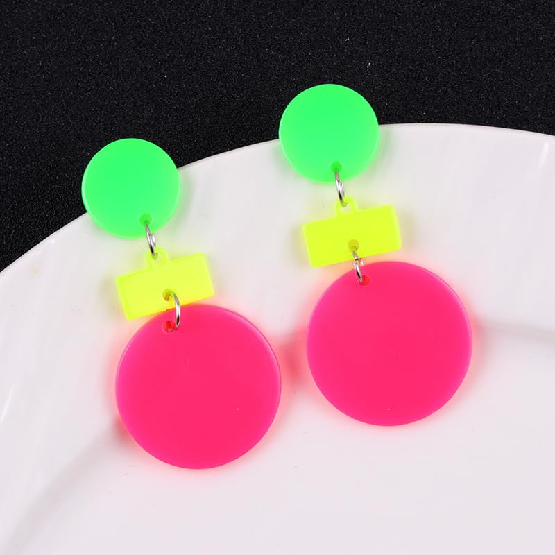 80s 90s Neon Earrings for Women Colorful Round Disc Acrylic Drop Earrings Retro Resin Geometric Rectangle Dangle Earrings for 70's 80's Outfit Glow Party Accessories - style: Style 3