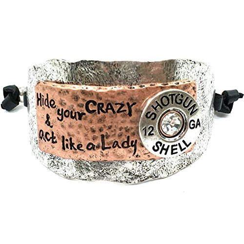 Western Peak Hammered Plate Hide Your Crazy Act Like a Lady 12 Gauge Shotgun Shell Leather Cuff Bracelet Necklace - color: Silver