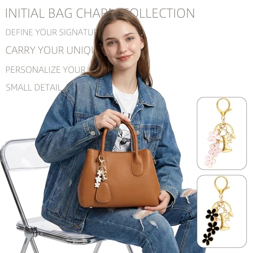 Floral Series Initial Bag Charm, Cute Flower & Bubble Letter Purse Charms, Keychain Accessories Gift for Women - color: White Flower, style: F