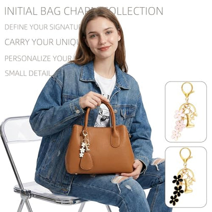 Floral Series Initial Bag Charm, Cute Flower & Bubble Letter Purse Charms, Keychain Accessories Gift for Women - color: White Flower, style: F