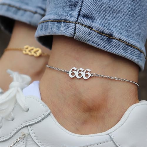 PAURO Women's Angel Number Bracelet Ankle Anklet Chain Adjustable | Stainless Steel, Minimalist Numerology Spiritual Statement Jewelry Gift - color: Gold 888, 8.3+2inch