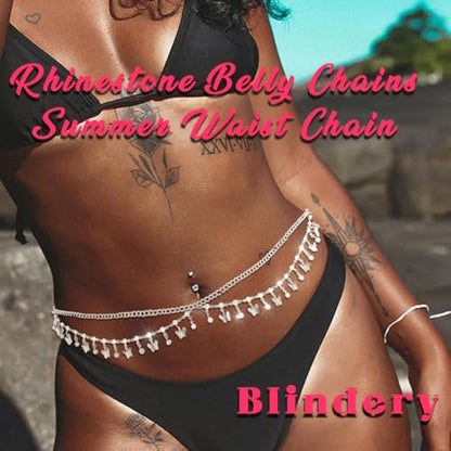 Gold Belly Chain Rhinestone Body Jewelry Chain Plated Waist Chains Layered Body Waist Summer Beach Bikini Jewelry for Women - style: butterfly-silver