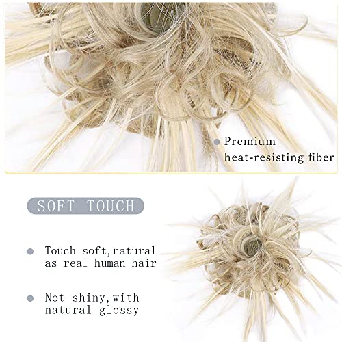 HMD Tousled Updo Messy Bun Hair Piece Ponytail Hairpieces for Women | Synthetic Hair Extension Ponytail with Elastic Rubber Band, Updo Hairpiece Hair Bun Scrunchies for Women Daily Party - color: 85H88# (Ash Blonde & Bleach Blonde）