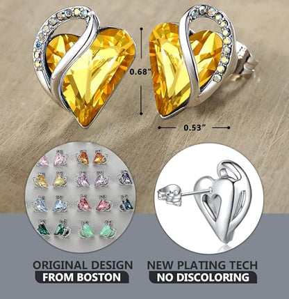 Infinity Love Heart Stud Earrings for Women, Birthstone and Healing Stone, Gifts for Mom, Wife, and Her, Silver Plated - color: 11b-November-Healing Stone for Happiness-Citrine Yellow