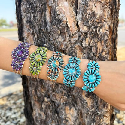 Southwest Style Genuine Gemstones 925 Sterling Silver Cluster Bracelet - color: Green