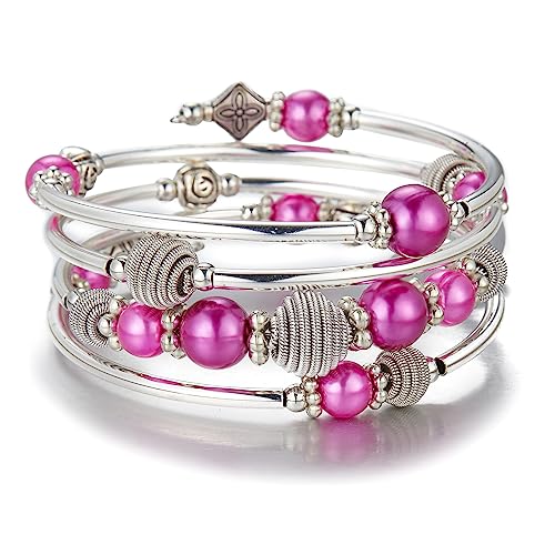 PEARL&CLUB Beaded Chakra Bangle Turquoise Bracelet - Fashion Jewelry Wrap Bracelet with Thick Silver Metal and Mala Beads, Birthday Gifts For Women - color: Fuchsia