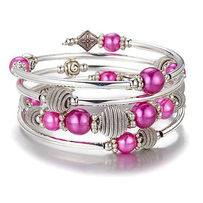 PEARL&CLUB Beaded Chakra Bangle Turquoise Bracelet - Fashion Jewelry Wrap Bracelet with Thick Silver Metal and Mala Beads, Birthday Gifts For Women - color: Fuchsia