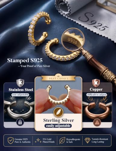 Subiceto 925 Sterling Silver Ear Cuffs Non Piercing - Adjustable Hypoallergenic 14K Gold Plated Clip On Earrings for Women Cubic Zirconia Silver Ear Cuff Helix Cartilage Fake Piercing - color: 03 CZ Gold Tone
