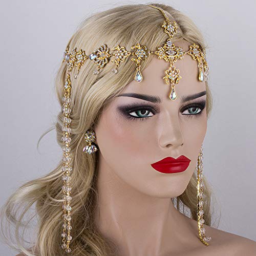 Bridal Headband and Earrings Crystal Jewelry Set Wedding Headpiece for Women Brides Tiara Rhinestone Hair Accessories - color: Gold