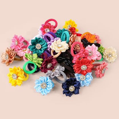 40pcs Baby Girls Flower Mini Hair Ties Rhinestone Satin Hair Elastic | Multicolor Candy Baby Scrunchies Soft Ponytail Holders Rubber Bands Hair Accessories,Great for Daily & Party Hairstyle
