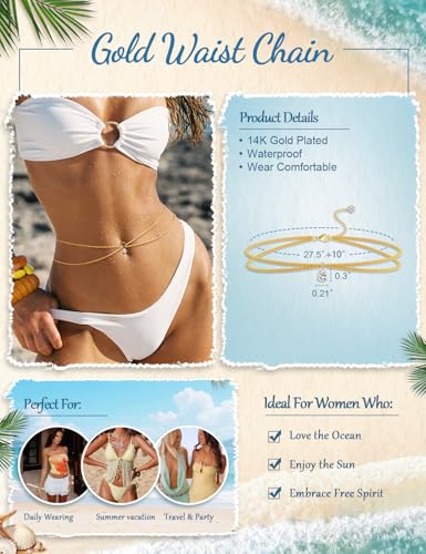 Gold Layered Waist Chain for Women, Adjustable Belly Chain | Adjustable layered waist chain for beach days, summer outfits, festivals, vacations, parties, and daily styling - style: Gold Style 7