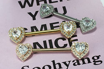 HQLA 14G Dainty CZ Love Heart Nipple Rings Tongue Ring Surgical Steel Nipple rings Piercing Women Barbells 2Pcs 25/8"(16mm) - style: Gold Tone