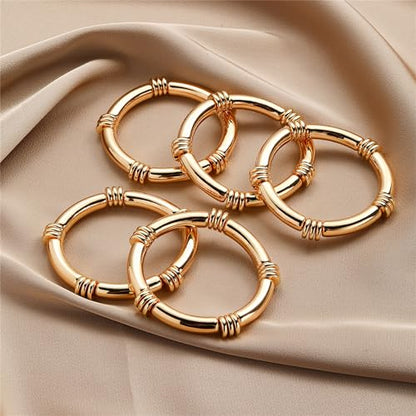 YBMYCM 5PCS Gold Chunky Bangles Bracelets for Women | 14k Gold Plated Stackable Layered Curved Bamboo Tube Stretch Bracelets Bangle Gift Jewelry - color: 5pcs G